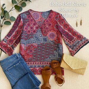 Chico’s Boho Print Sheer Bell Sleeve V‑Neck Blouse Pink & Blue Size 1/M